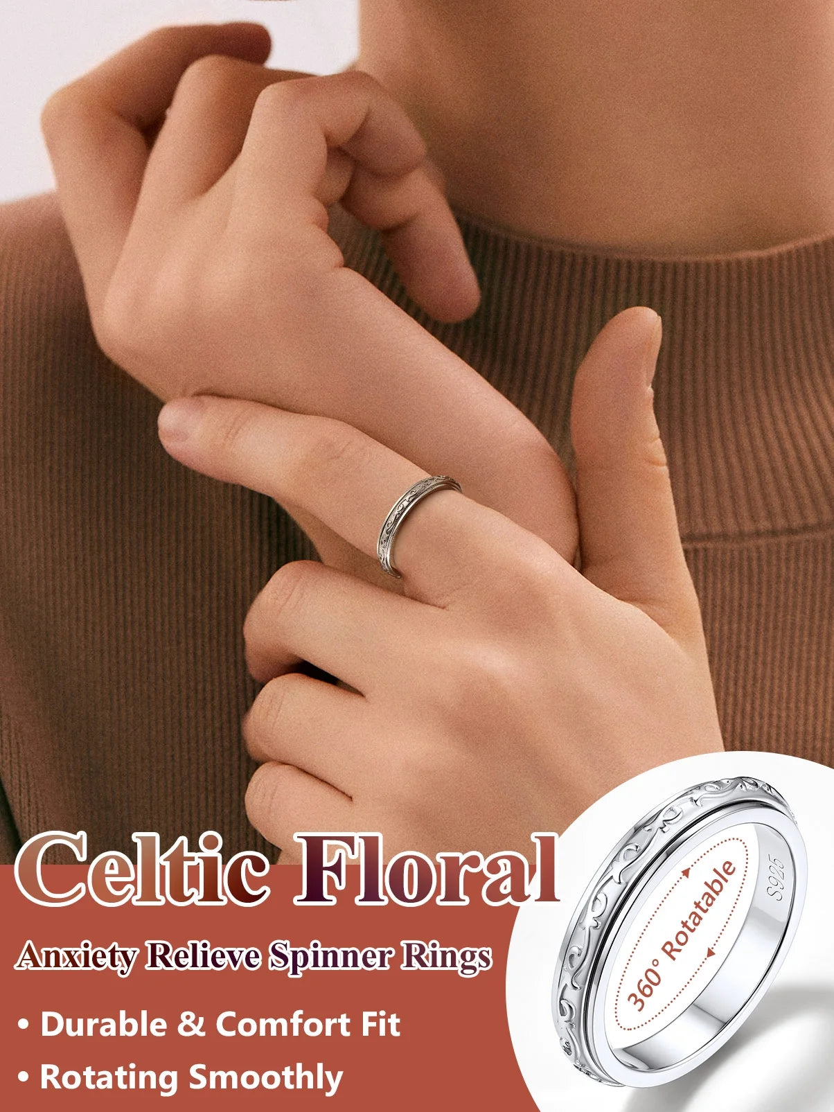 S925 Sterling Silver Fidget Rings Embossed Celtic Spinner Rings Anxiety Stress Relieving Band Gifts for Women, Size 6