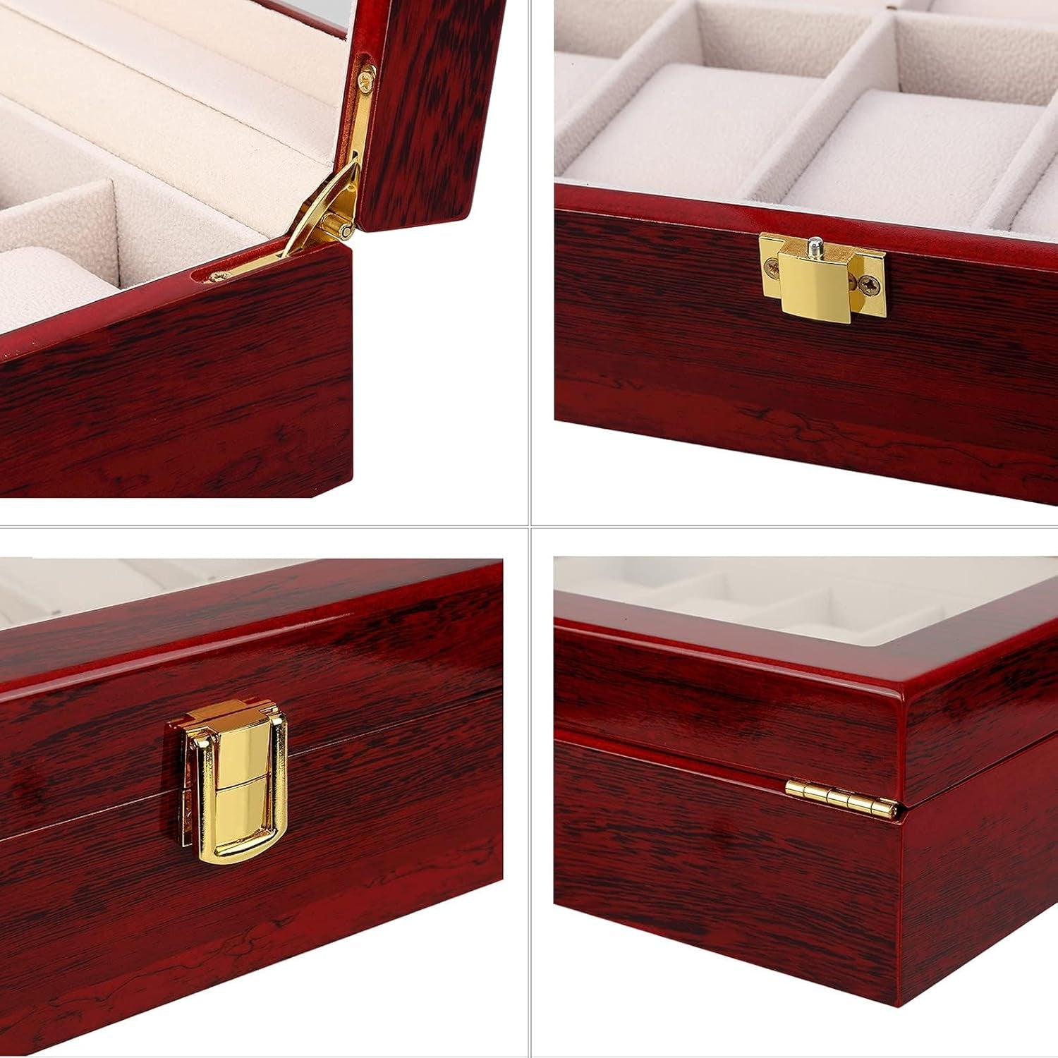Watch Box, 10 Slots Wooden Watch Case with Removable Watch Pillow, Metal Clasp Watch Display, Watch Box Organizer for Men and Women
