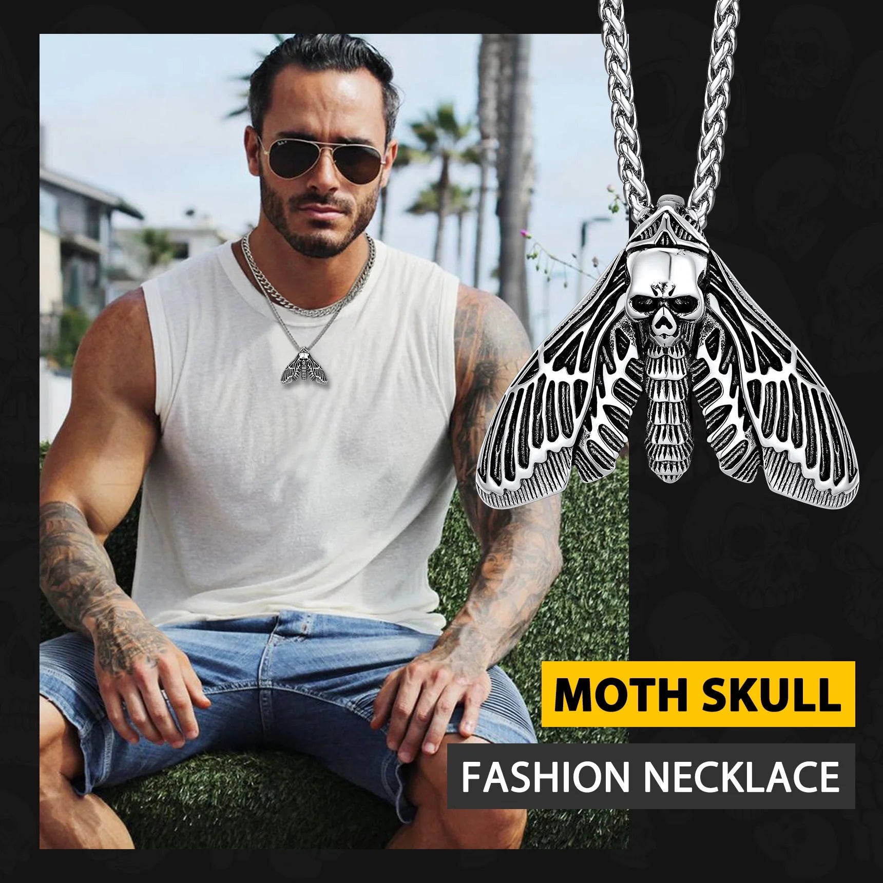 Death Head Moth Pendant Necklace for Men Stainless Steel Skull Butterfly Necklace Gothic Punk Jewelry Halloween Party