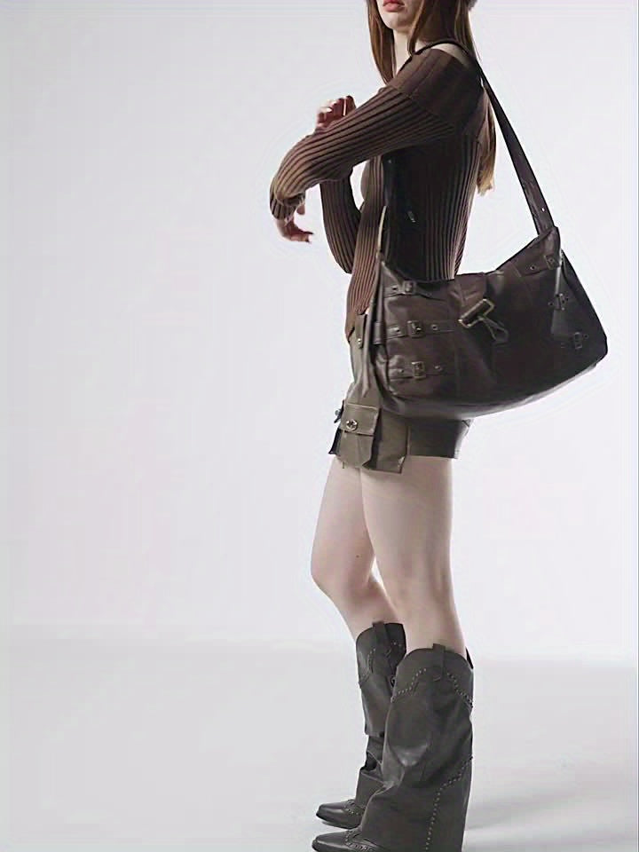 Steampunk Accessory| Stylish Black Punk-Style Crossbody Bag with Eyelet Belt