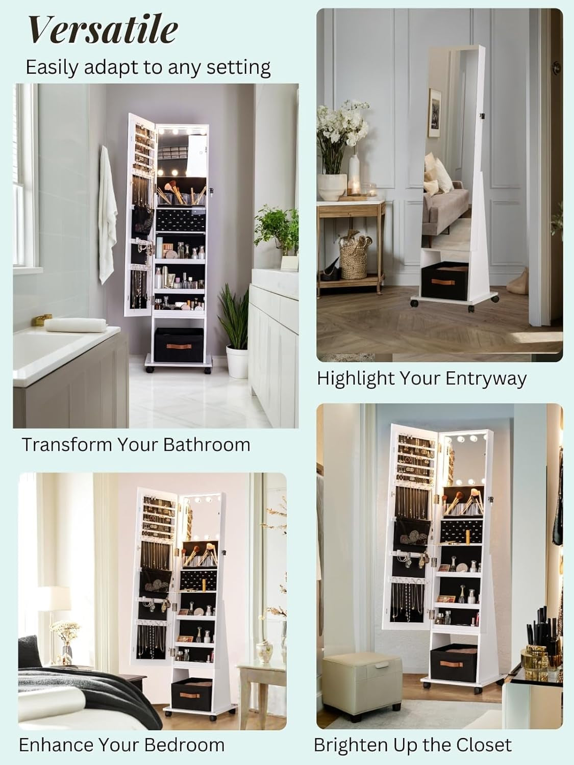 8 Leds Rotating Jewelry Armoire with Mirror, 66" Full Length Mirror with Jewelry Storage, Lockable Standing Mirror Jewelry Cabinet with 4 Wheels, 3 Color Modes Jewelry Organizer Mirror