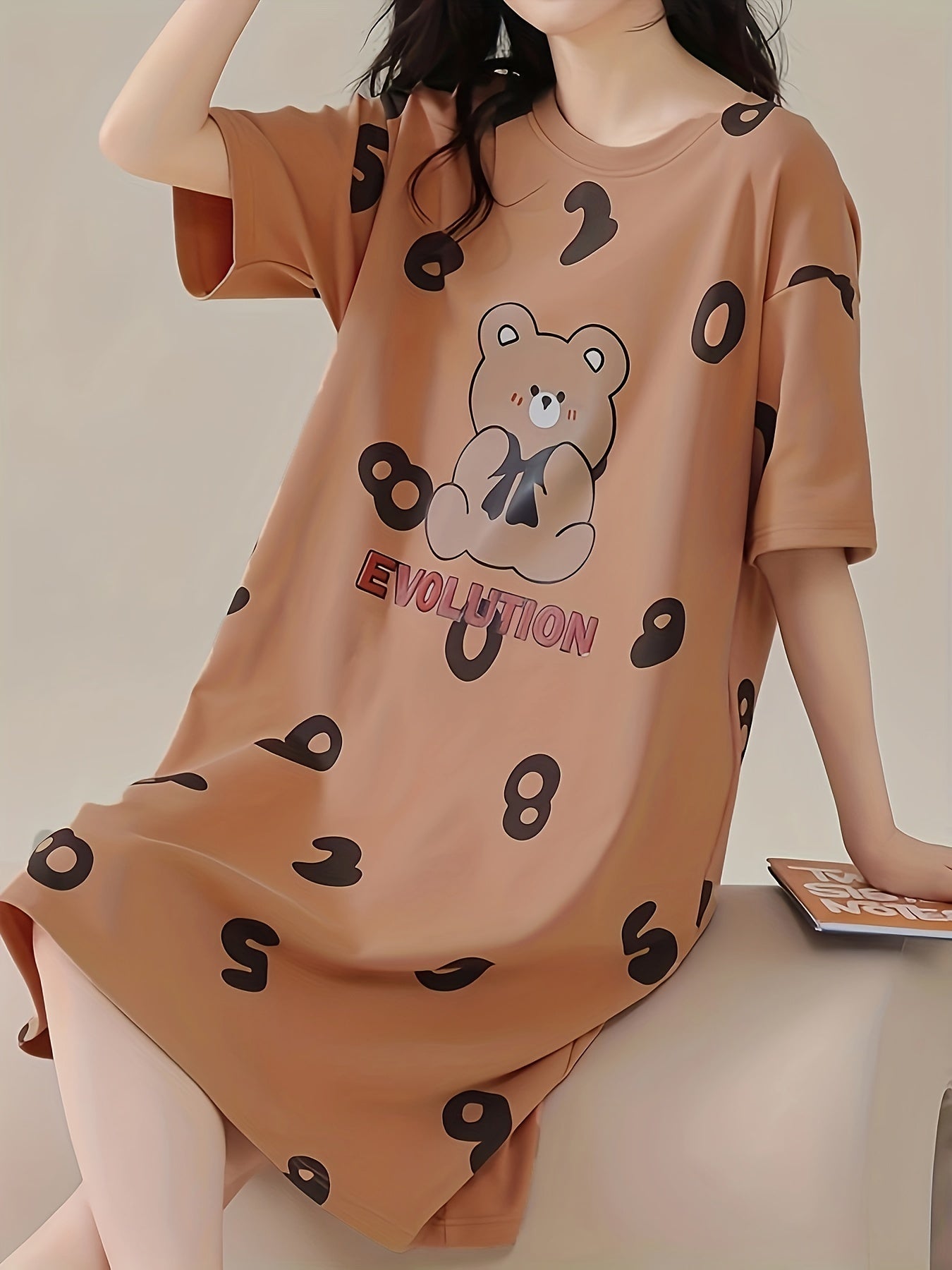 Cartoon Bear Print Short Sleeve Night Dress