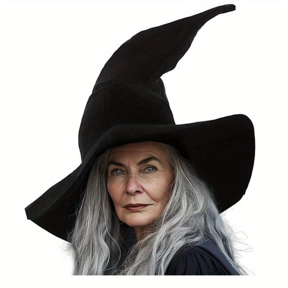 Large Black Witch Hat for Women - Satin Fabric, Ruched Design, Perfect for Halloween & Cosplay Parties