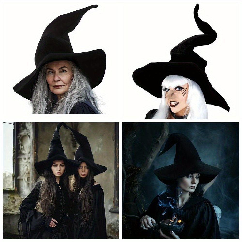 Large Black Witch Hat for Women - Satin Fabric, Ruched Design, Perfect for Halloween & Cosplay Parties