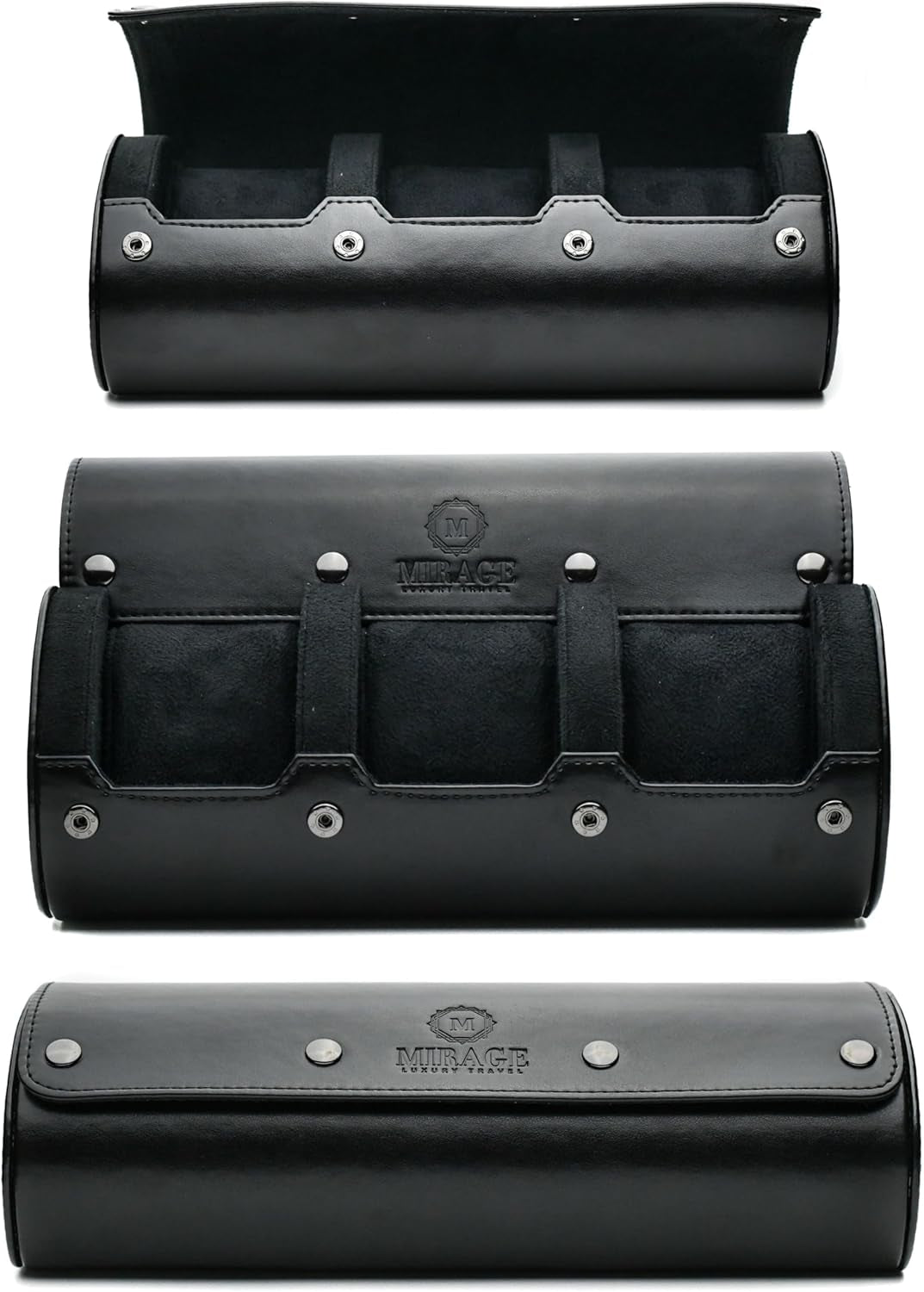 Travel Watch Case – 3 Watch Organizer Travel for Men - Watch Carrying Case Holder and Display - Super Black Motif Vegan Leather