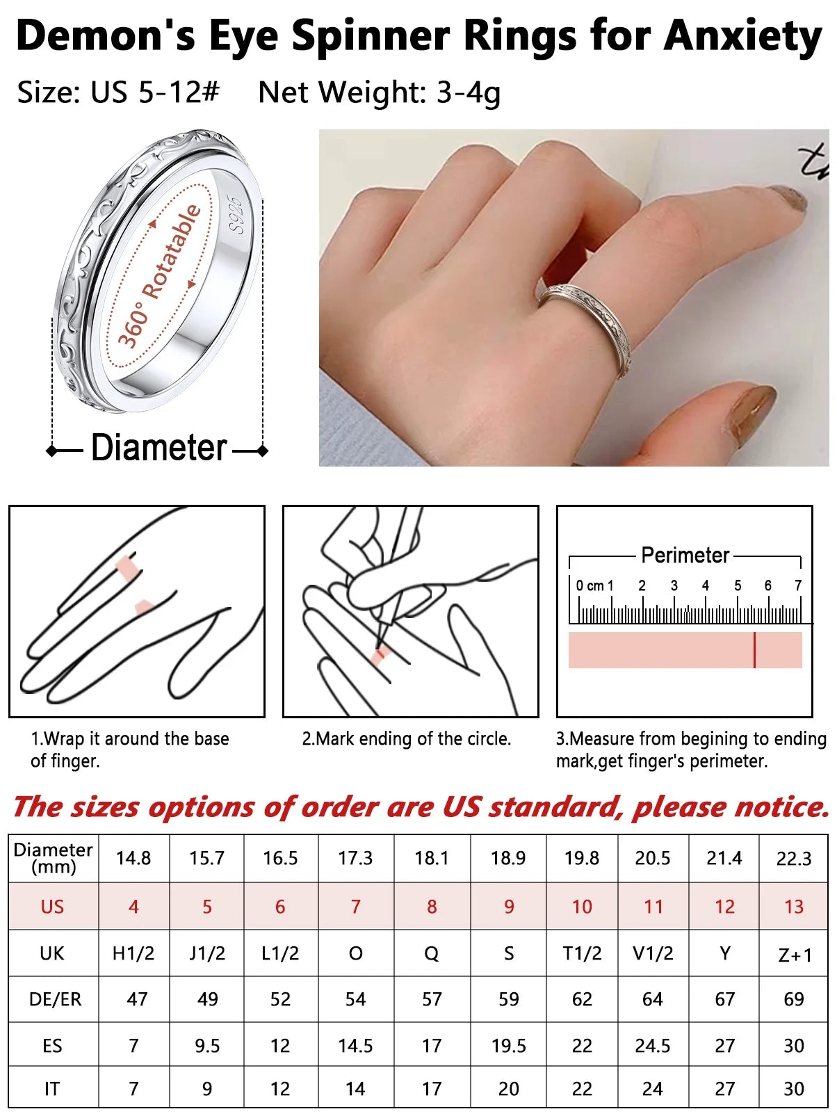 S925 Sterling Silver Fidget Rings Embossed Celtic Spinner Rings Anxiety Stress Relieving Band Gifts for Women, Size 6