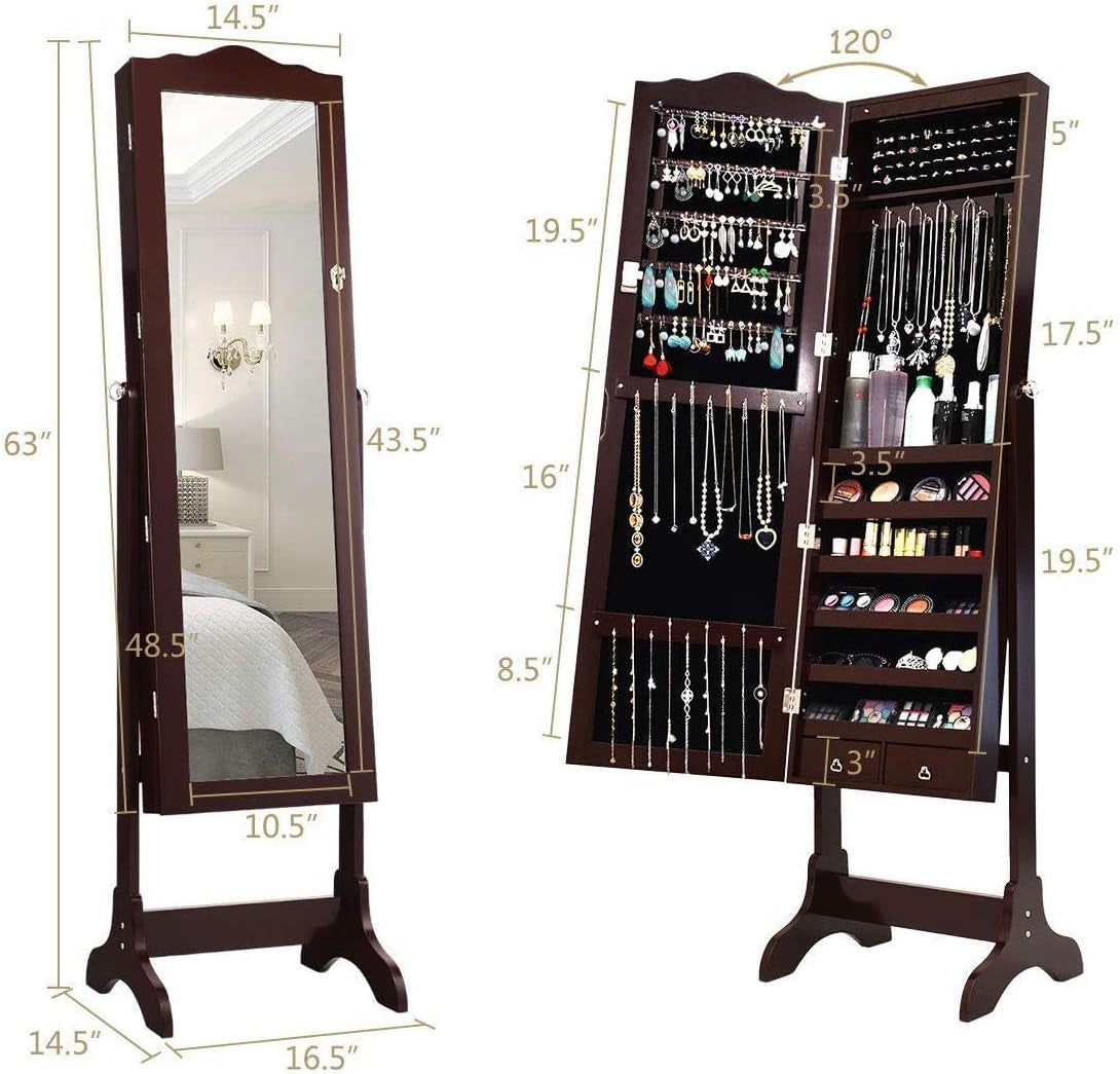Jewelry Armoire Organizer with Full Length Mirror, 14 Leds Floor Standing Jewelry Cabinet with 2 Drawers, 4 Adjustable Angles, Lockable Jewelry Storage Box Cabinet (Brown)