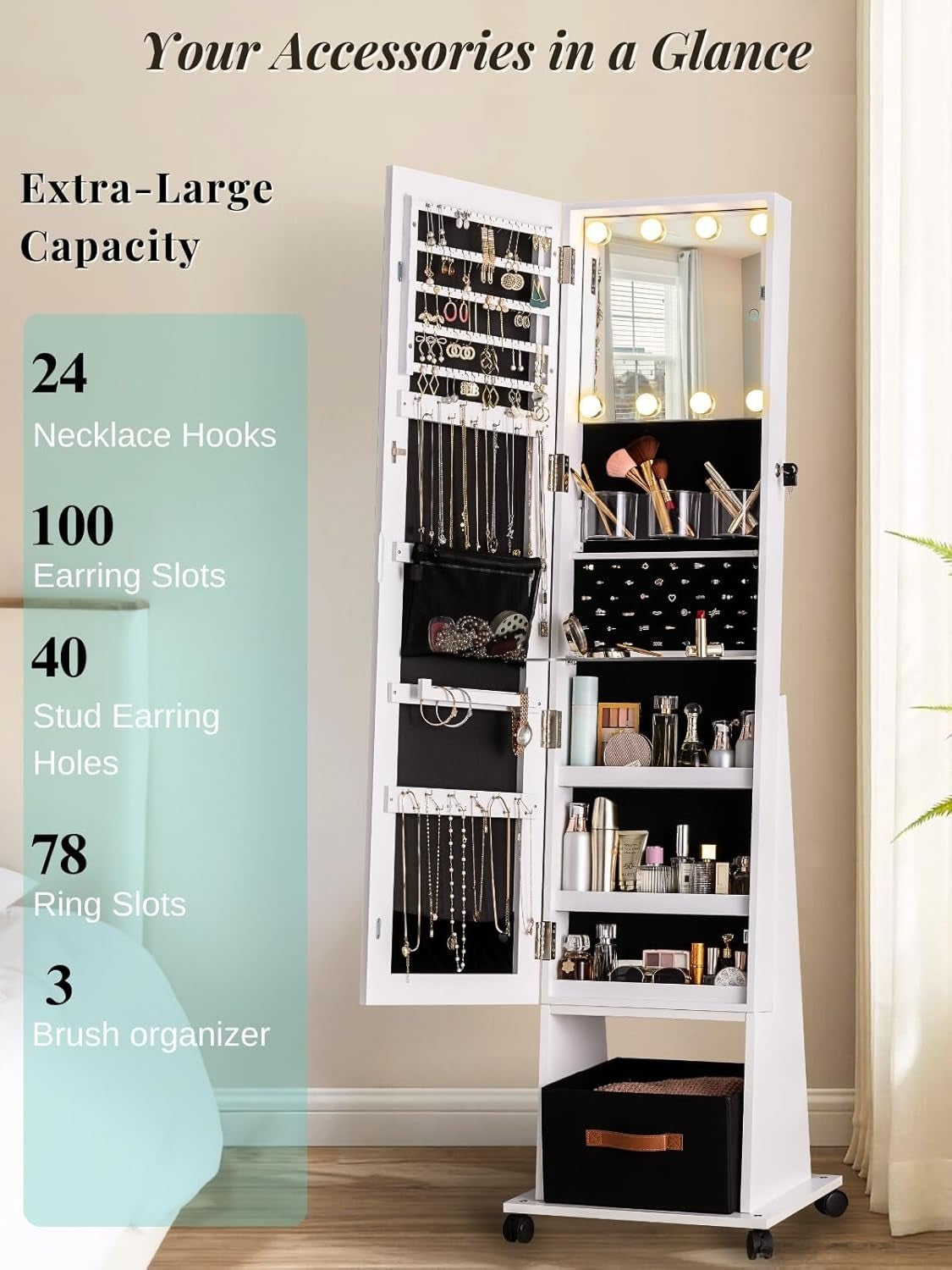 8 Leds Rotating Jewelry Armoire with Mirror, 66" Full Length Mirror with Jewelry Storage, Lockable Standing Mirror Jewelry Cabinet with 4 Wheels, 3 Color Modes Jewelry Organizer Mirror