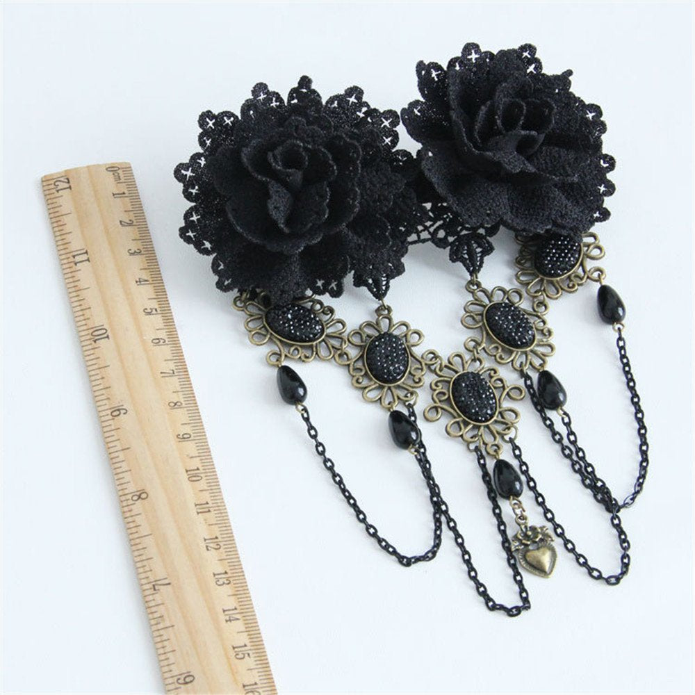 Gothic Vintage Black Lace Rose Flower Hair Clip with Pearl Chain Tassels Hair Barrettes for Women Princess Headwear