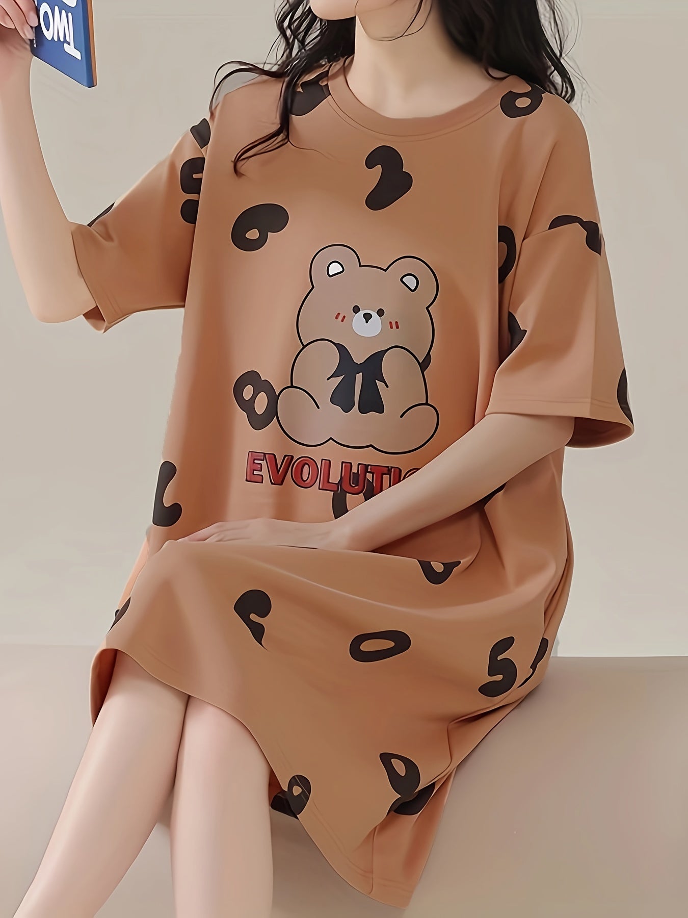 Cartoon Bear Print Short Sleeve Night Dress