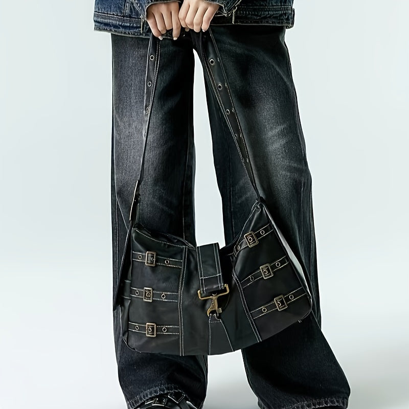 Steampunk Accessory| Stylish Black Punk-Style Crossbody Bag with Eyelet Belt