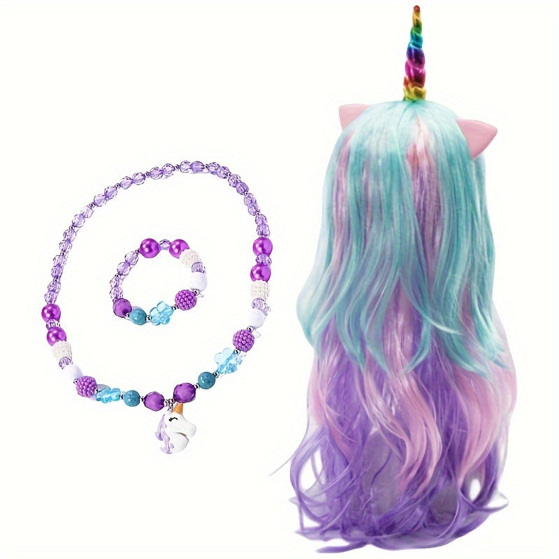 Pretty Unicorn Wig Necklace Bracelet Set Halloween Christmas New Year Birthday gift Cosplay Role Play Girl Styling Play set