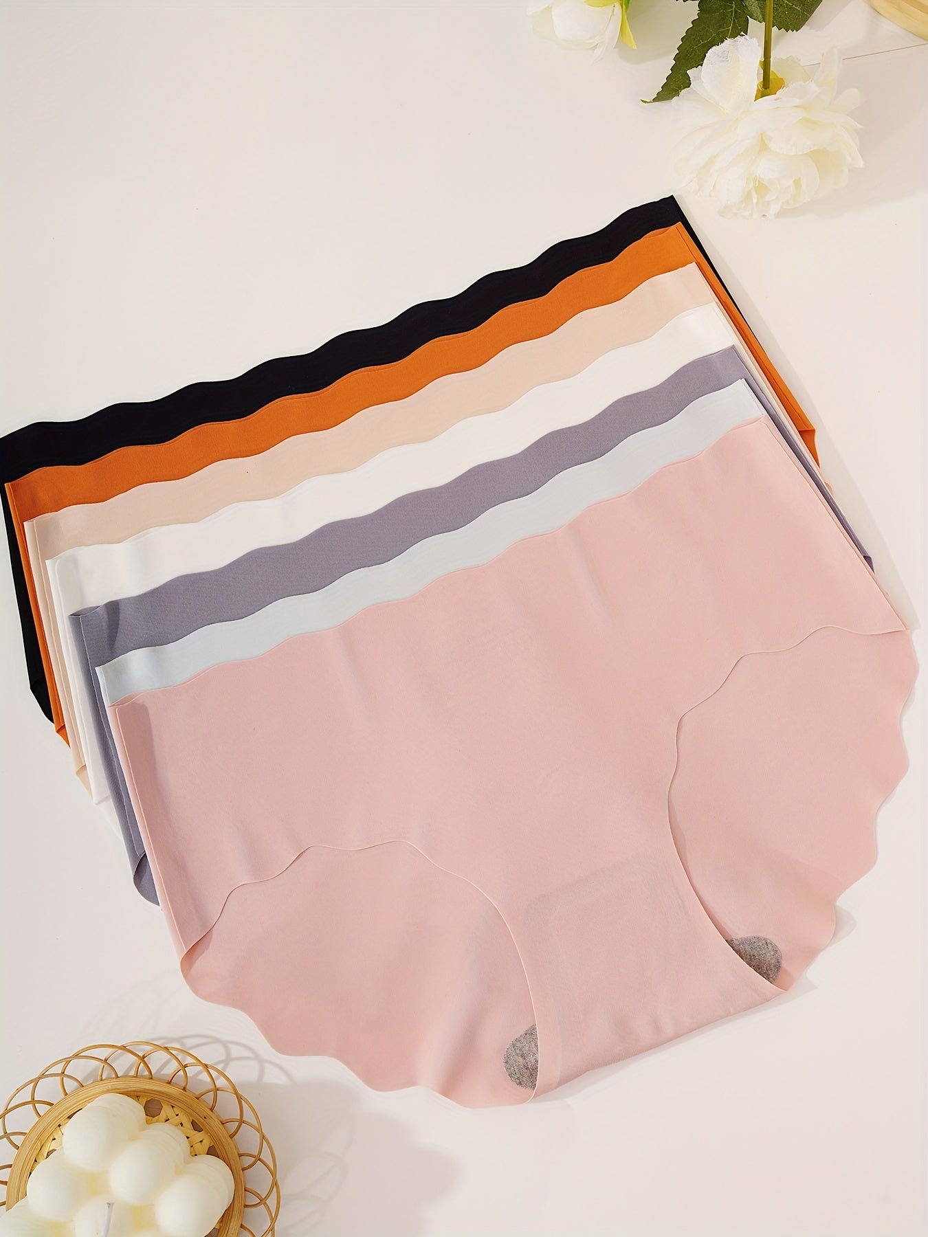 7pcs Seamless Scallop Trim Briefs, Comfy & Breathable Simple Solid Panties, Women's Lingerie & Underwear