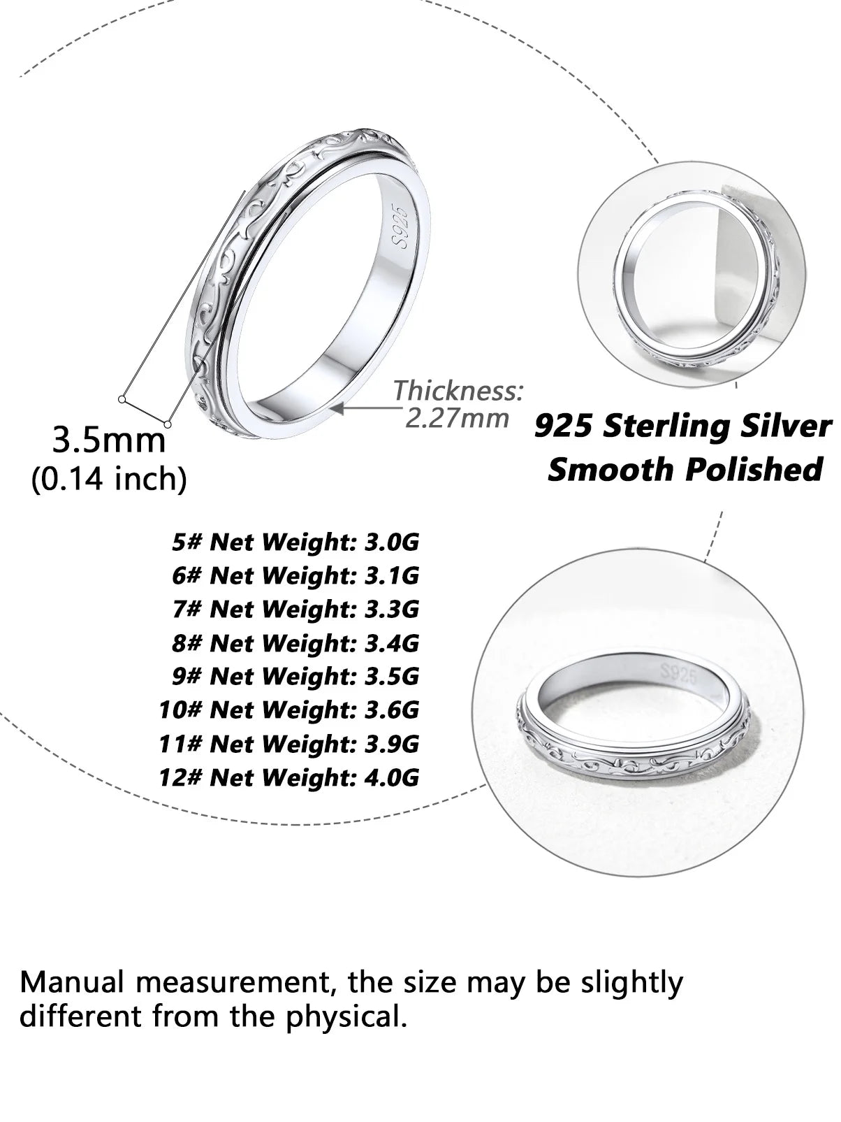 S925 Sterling Silver Fidget Rings Embossed Celtic Spinner Rings Anxiety Stress Relieving Band Gifts for Women, Size 6