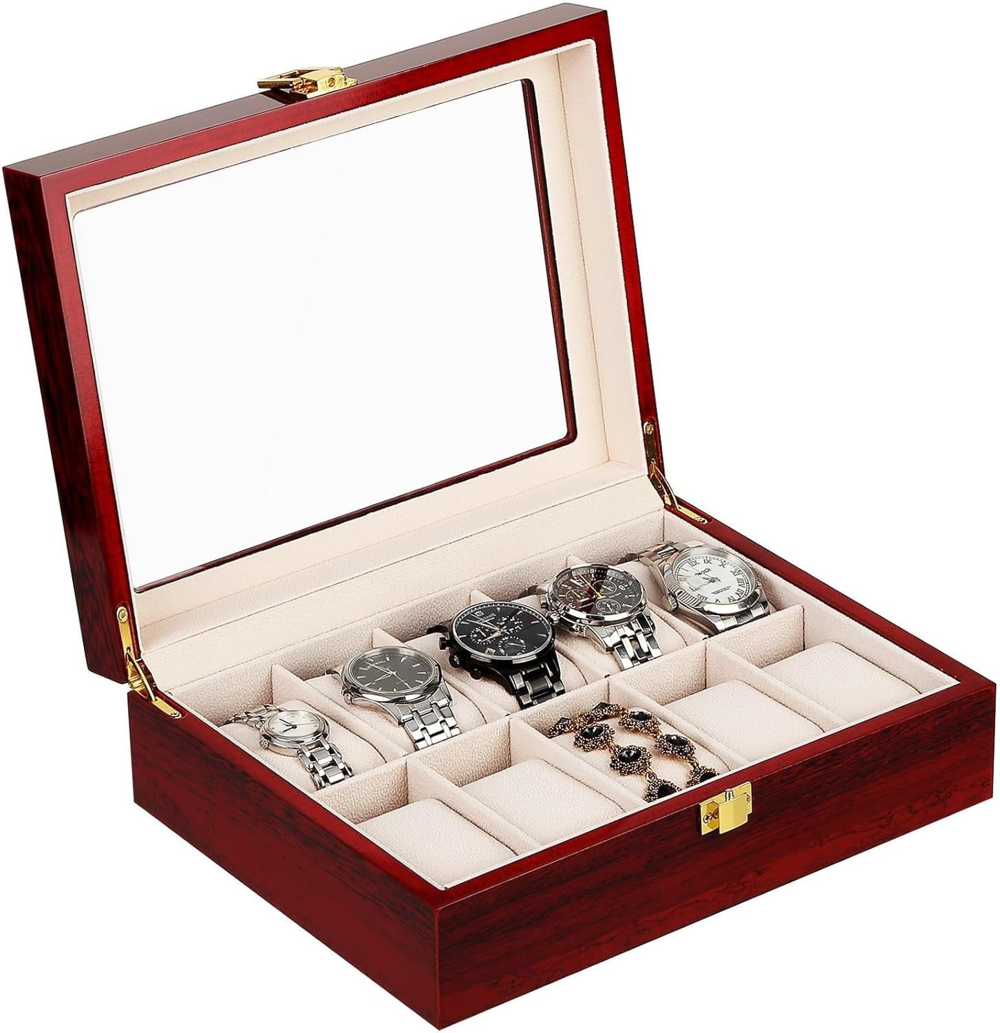 Watch Box, 10 Slots Wooden Watch Case with Removable Watch Pillow, Metal Clasp Watch Display, Watch Box Organizer for Men and Women