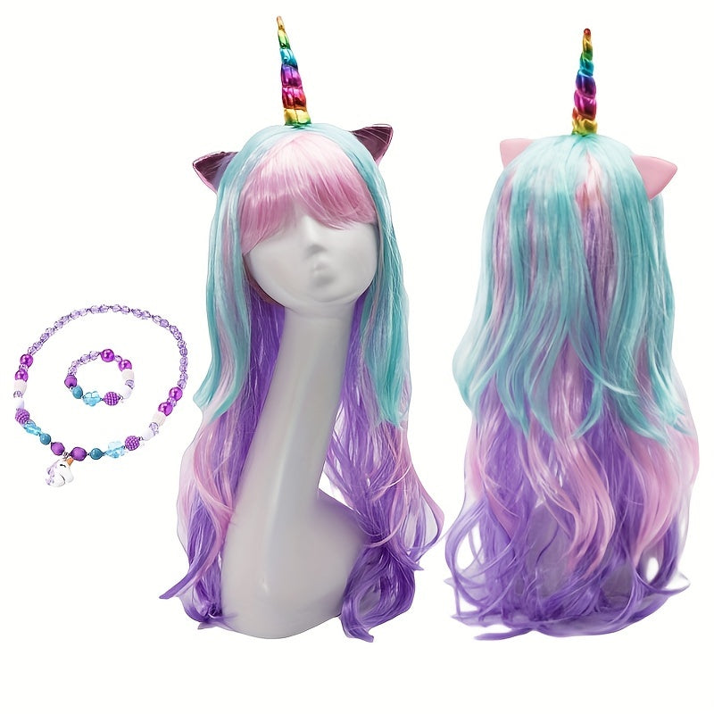 Pretty Unicorn Wig Necklace Bracelet Set Halloween Christmas New Year Birthday gift Cosplay Role Play Girl Styling Play set