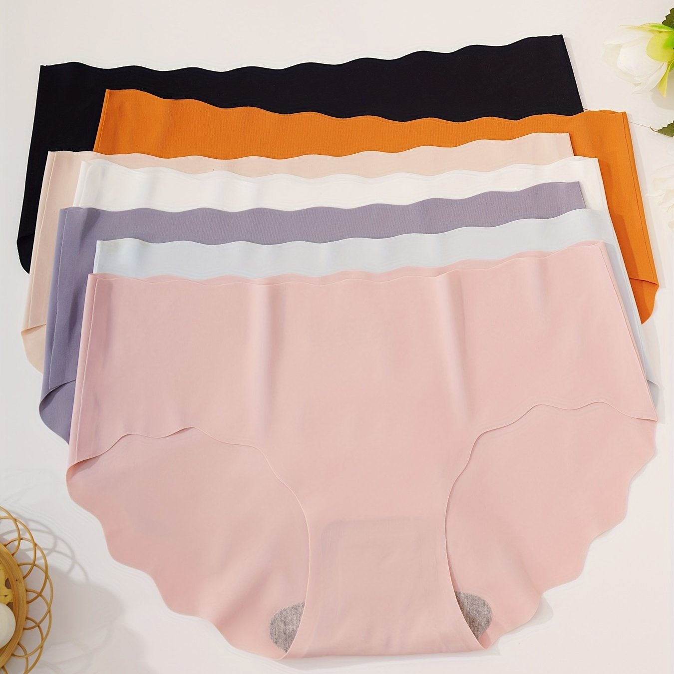 7pcs Seamless Scallop Trim Briefs, Comfy & Breathable Simple Solid Panties, Women's Lingerie & Underwear