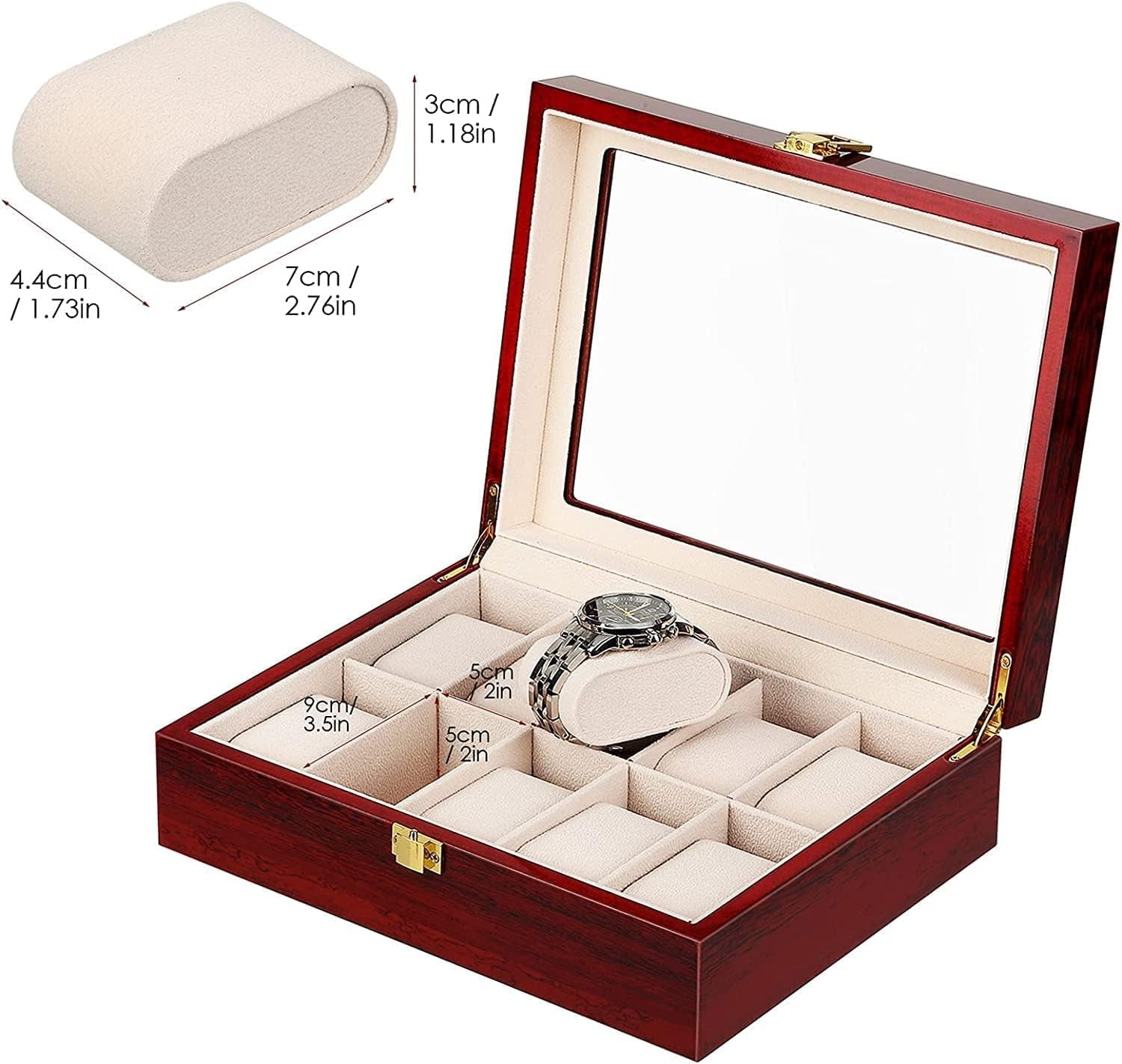 Watch Box, 10 Slots Wooden Watch Case with Removable Watch Pillow, Metal Clasp Watch Display, Watch Box Organizer for Men and Women