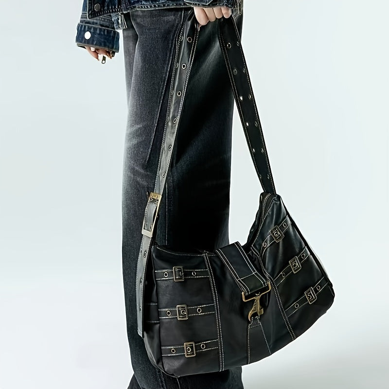 Steampunk Accessory| Stylish Black Punk-Style Crossbody Bag with Eyelet Belt