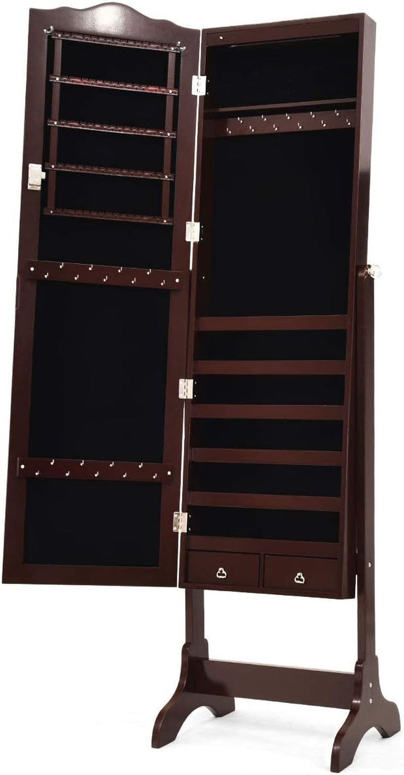 Jewelry Armoire Organizer with Full Length Mirror, 14 Leds Floor Standing Jewelry Cabinet with 2 Drawers, 4 Adjustable Angles, Lockable Jewelry Storage Box Cabinet (Brown)
