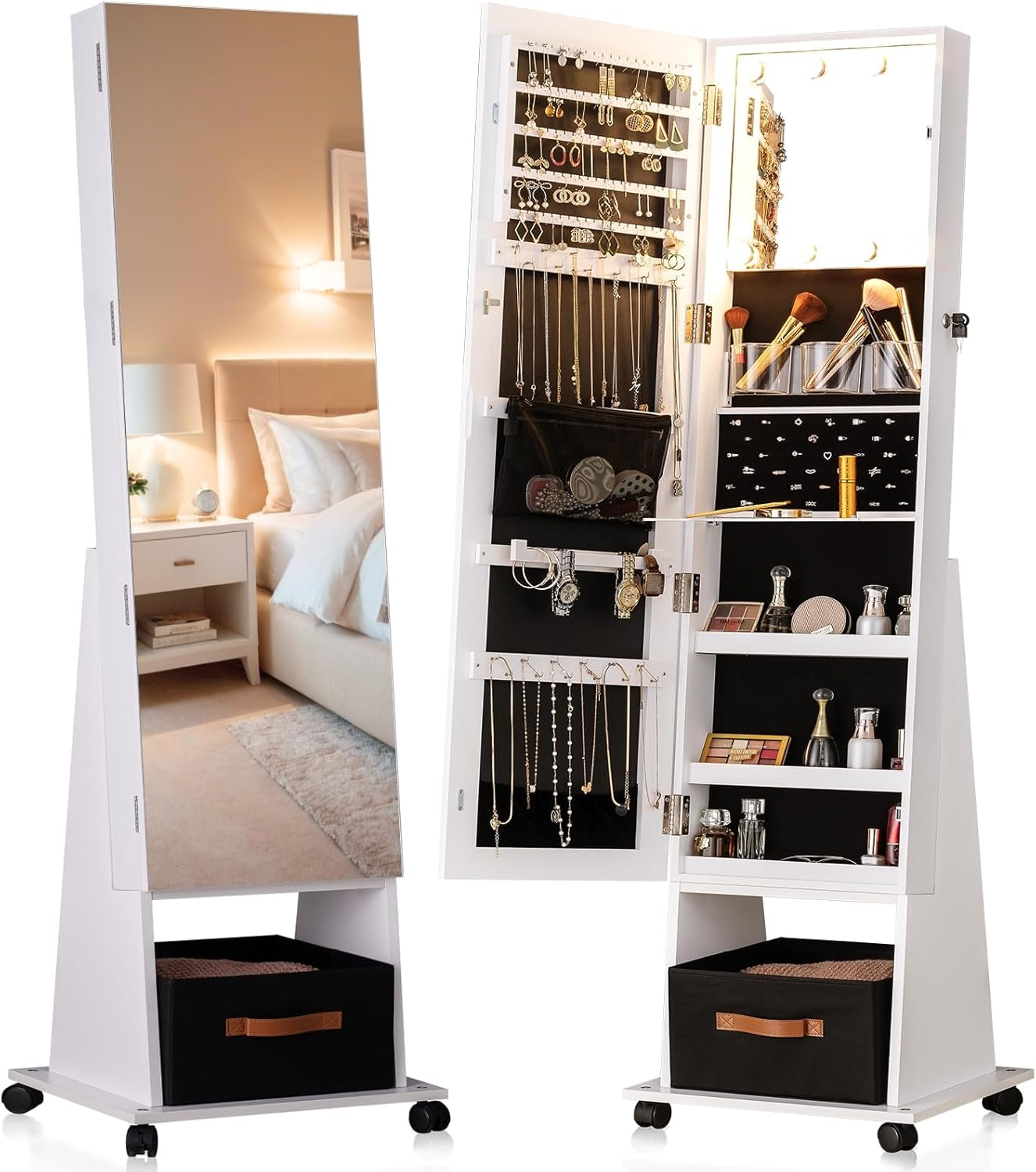8 Leds Rotating Jewelry Armoire with Mirror, 66" Full Length Mirror with Jewelry Storage, Lockable Standing Mirror Jewelry Cabinet with 4 Wheels, 3 Color Modes Jewelry Organizer Mirror