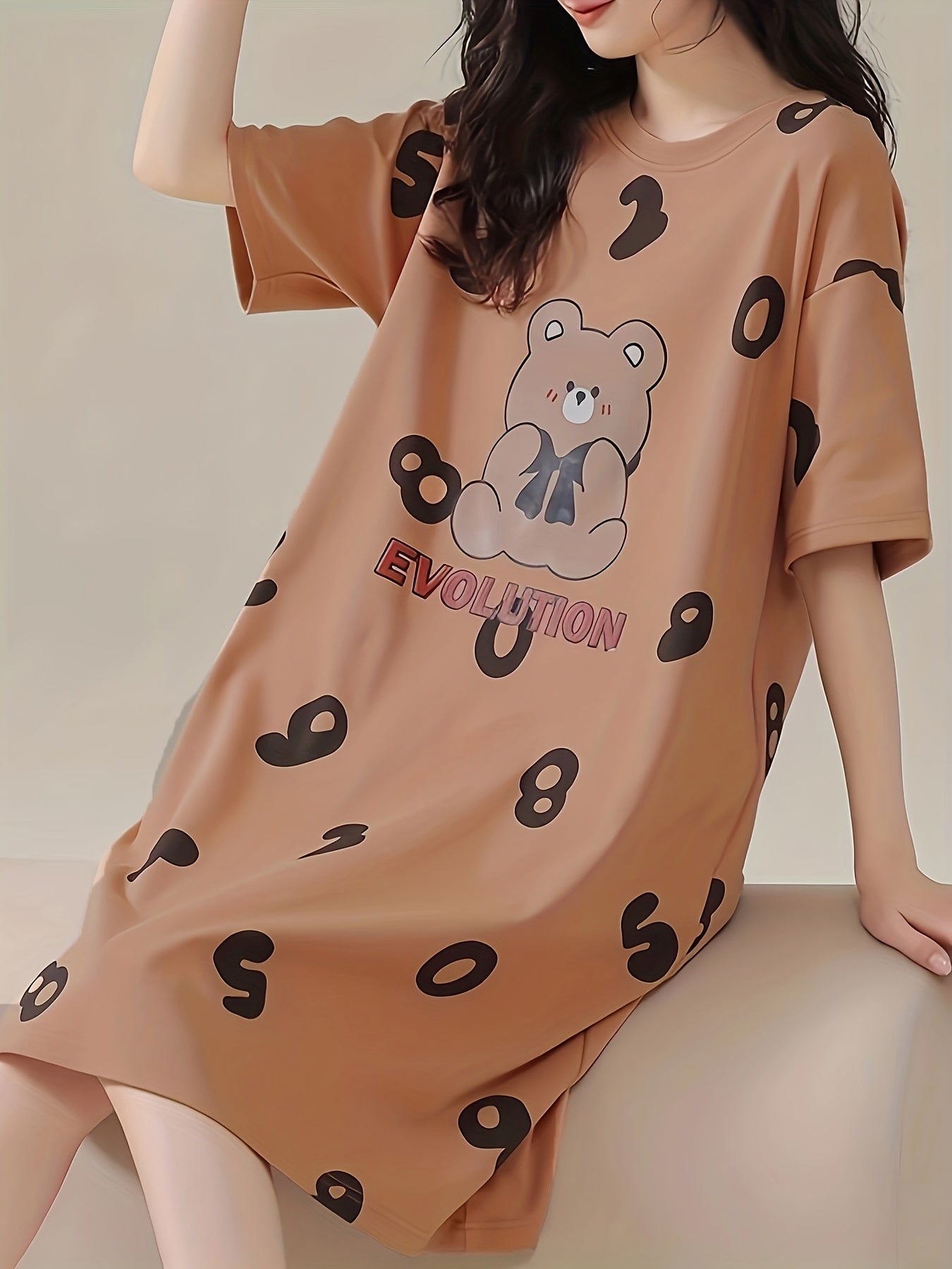 Cartoon Bear Print Short Sleeve Night Dress