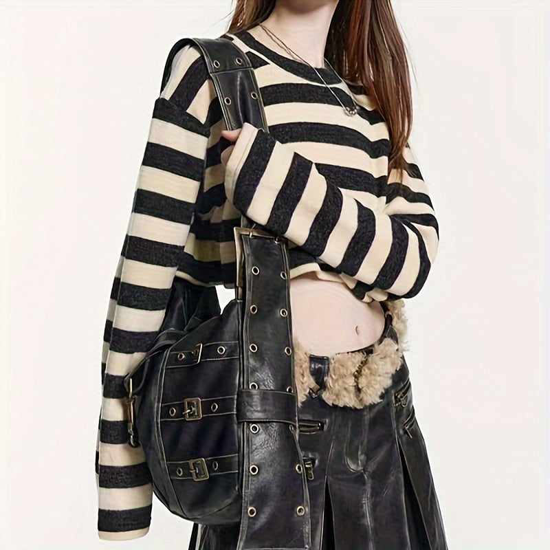 Steampunk Accessory| Stylish Black Punk-Style Crossbody Bag with Eyelet Belt