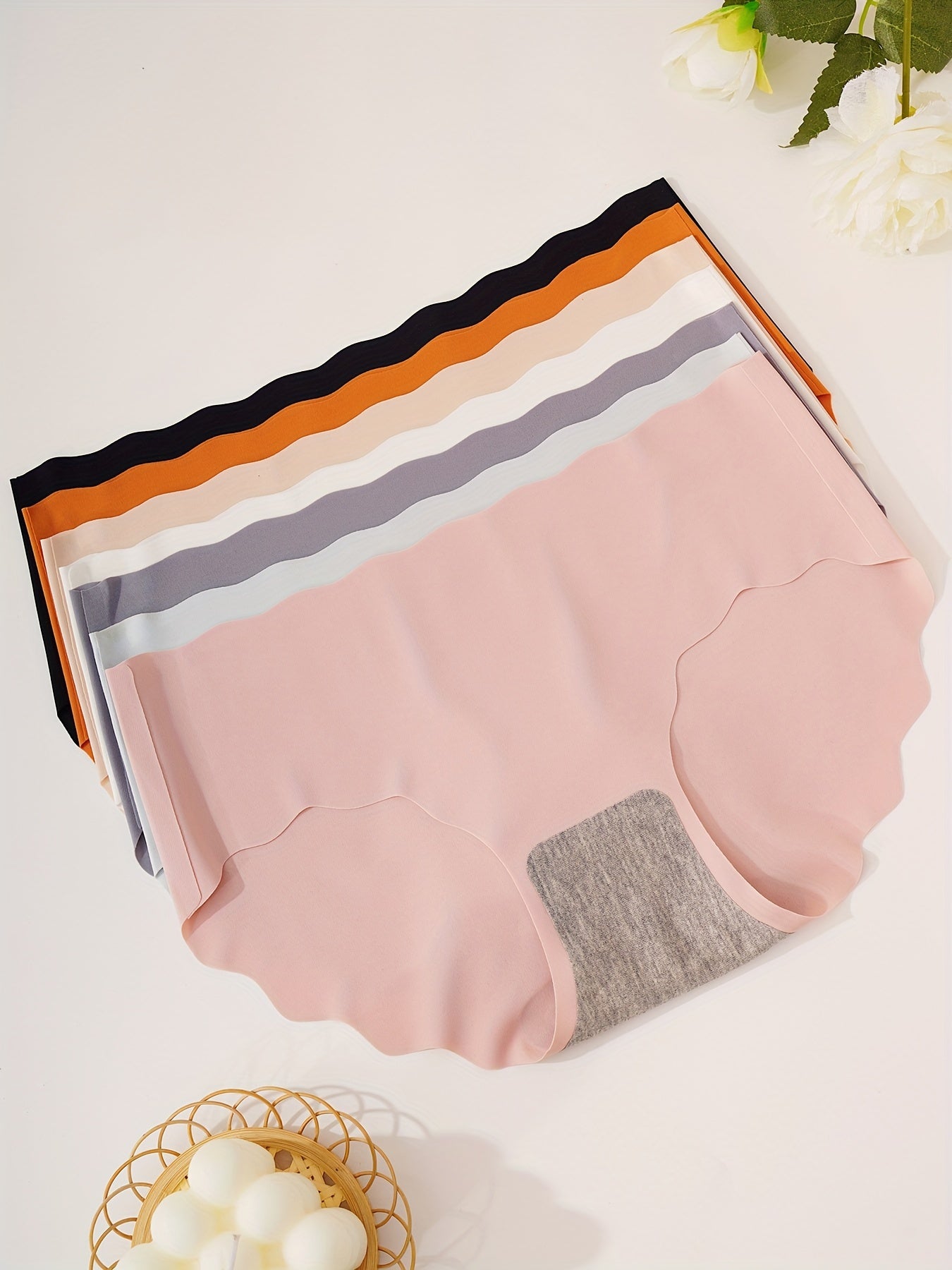7pcs Seamless Scallop Trim Briefs, Comfy & Breathable Simple Solid Panties, Women's Lingerie & Underwear
