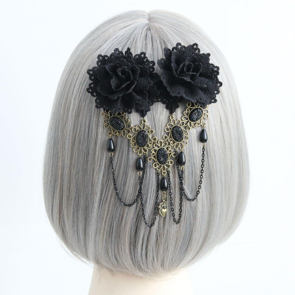 Gothic Vintage Black Lace Rose Flower Hair Clip with Pearl Chain Tassels Hair Barrettes for Women Princess Headwear
