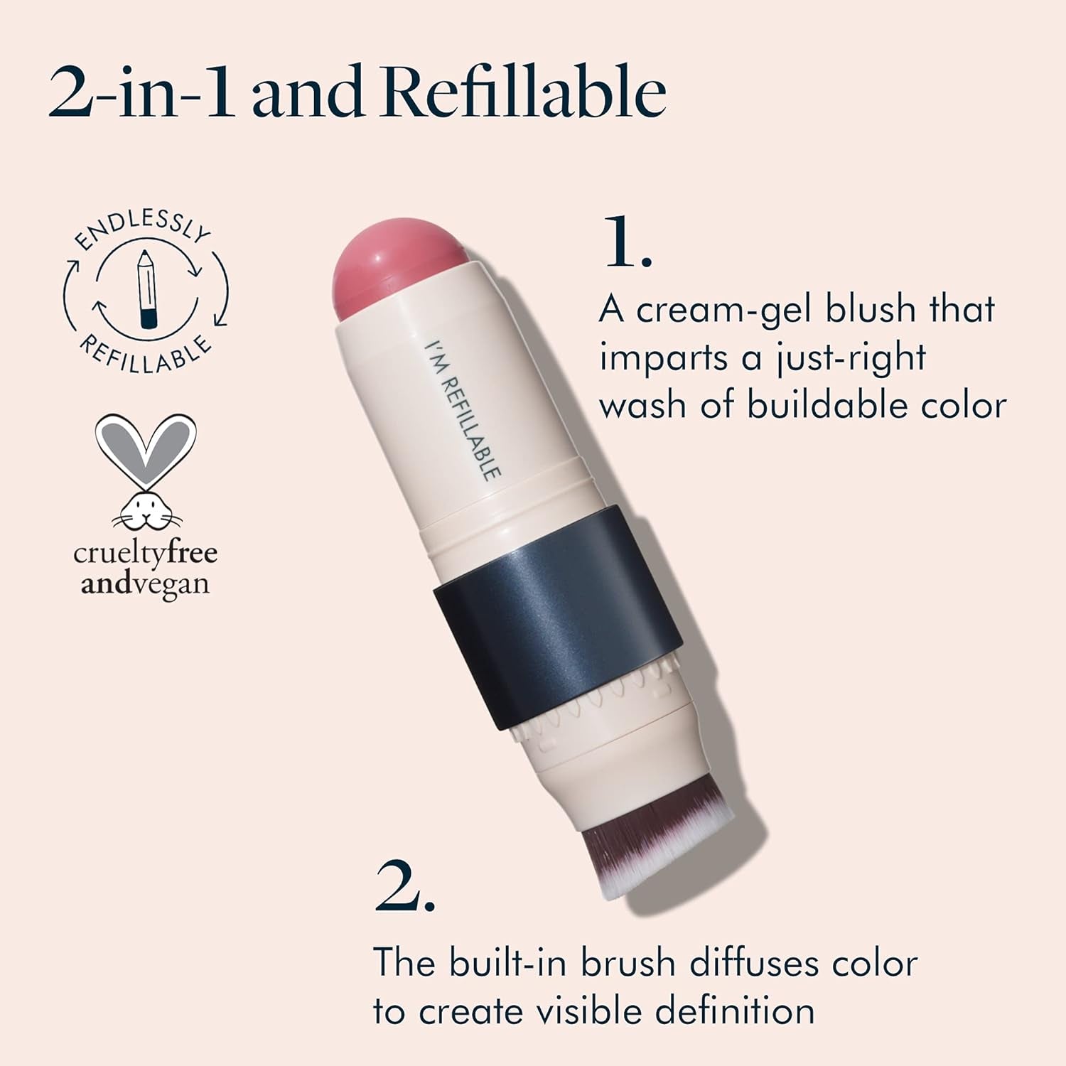 Trestique Blush Stick, Vegan Blush Stick with Built-In Brush, Pink Blush Makeup for Women, Rose Makeup, 2-In-1 Creamy