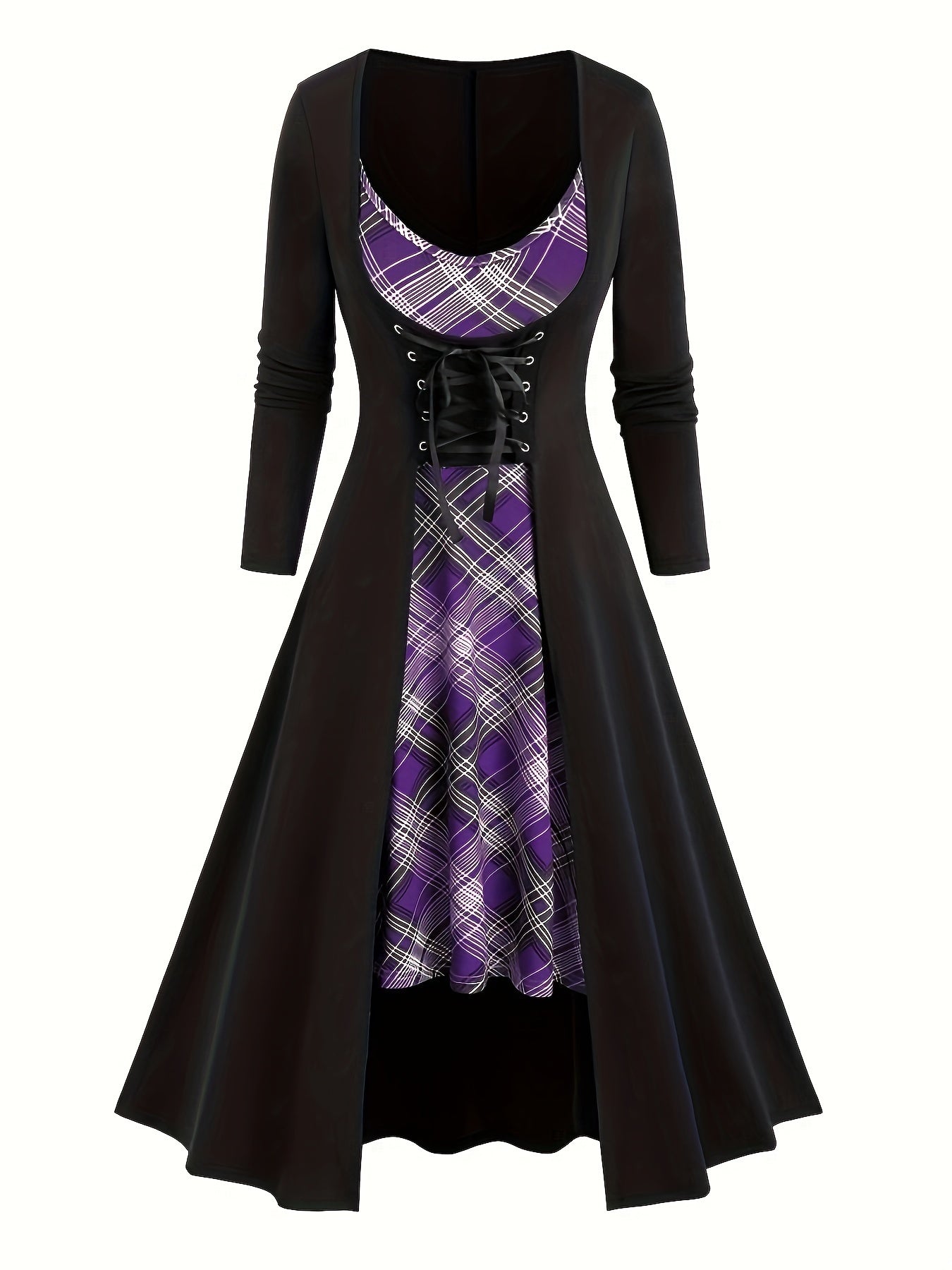 Two-piece Set, Vintage Plaid Pattern, Spaghetti Strap Dress & Long Sleeve Tunic