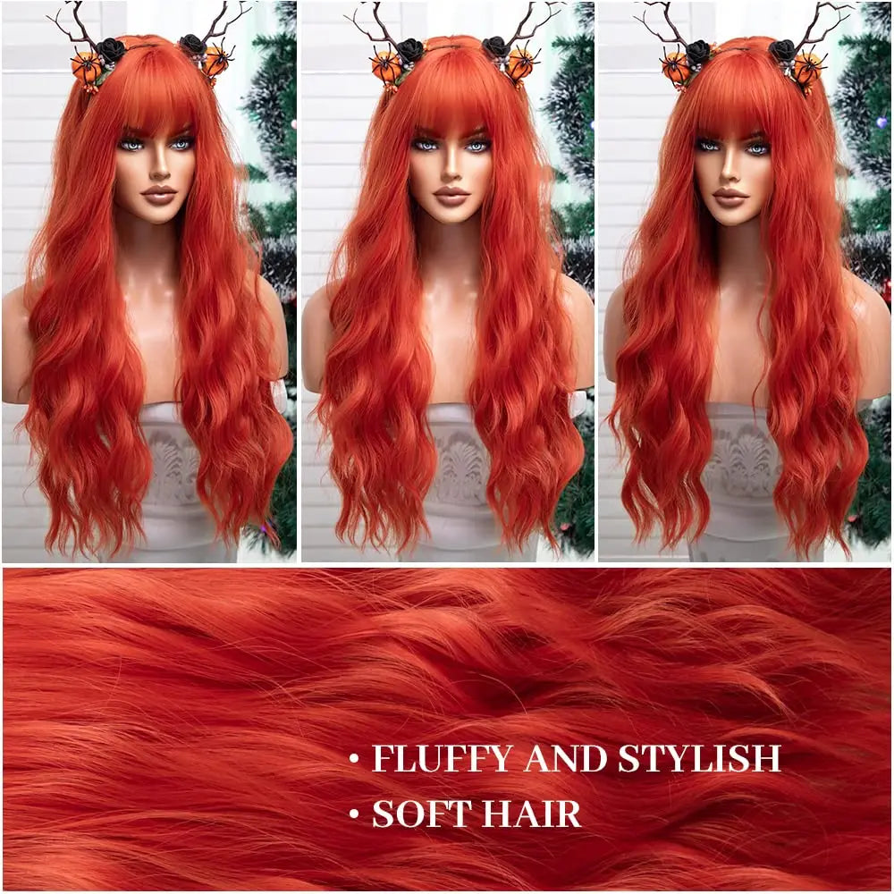 Long Red Orange Wig with Bangs 26inch Synthetic Hair Wavy Bang Wigs Heat Resistant Wigs for Women Daily Party Halloween Cosplay