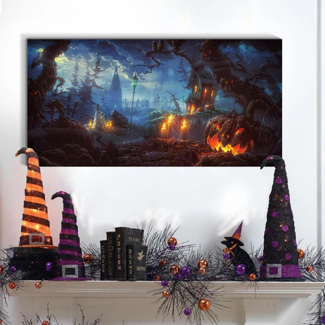 Dark Halloween Landscape Art: Haunted Graveyard Canvas Print Wall Art Bold Decor for Halloween Home Holiday Product
