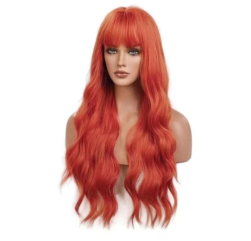 Long Red Orange Wig with Bangs 26inch Synthetic Hair Wavy Bang Wigs Heat Resistant Wigs for Women Daily Party Halloween Cosplay