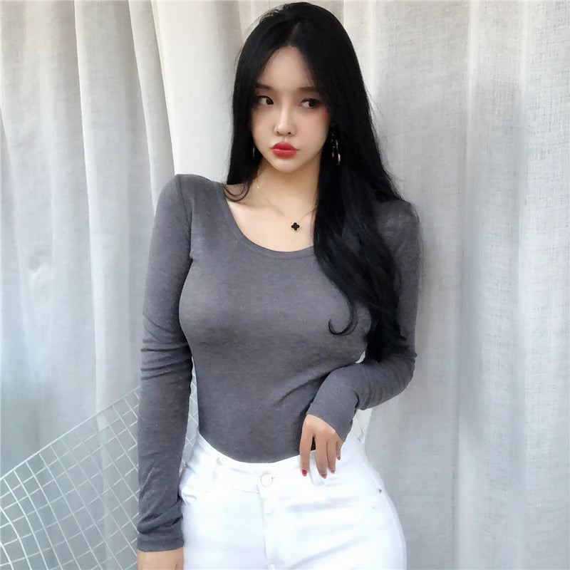 Long Sleeve Casual Tee Shirt Slim Fit Top