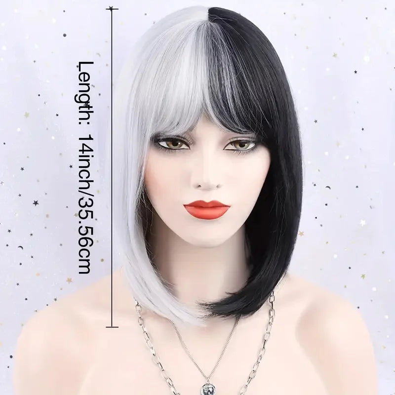 Two-Color Short Straight Synthetic Hair Wig With Bangs Heat Resistant Black and White Bob Wigs for Women Cosplay Daily Party Use
