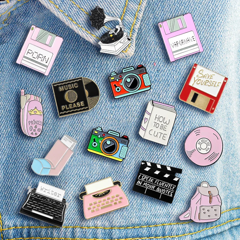 Fashion Creative Cartoon U Disk, Retro CD, Fax Machine Oil Drop Brooch Pin Denim Bag Gift Men Women Fashion Jewelry Accessories