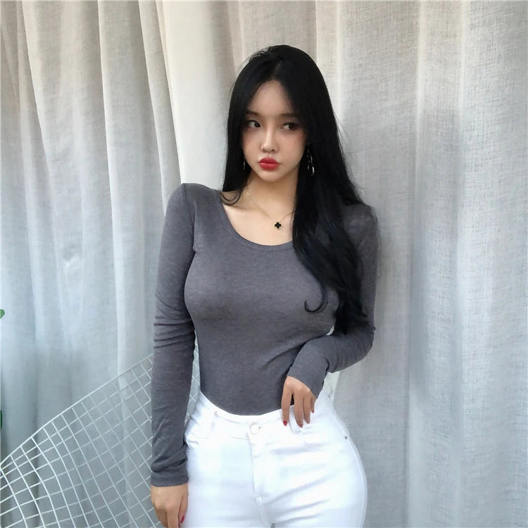 Long Sleeve Casual Tee Shirt Slim Fit Top