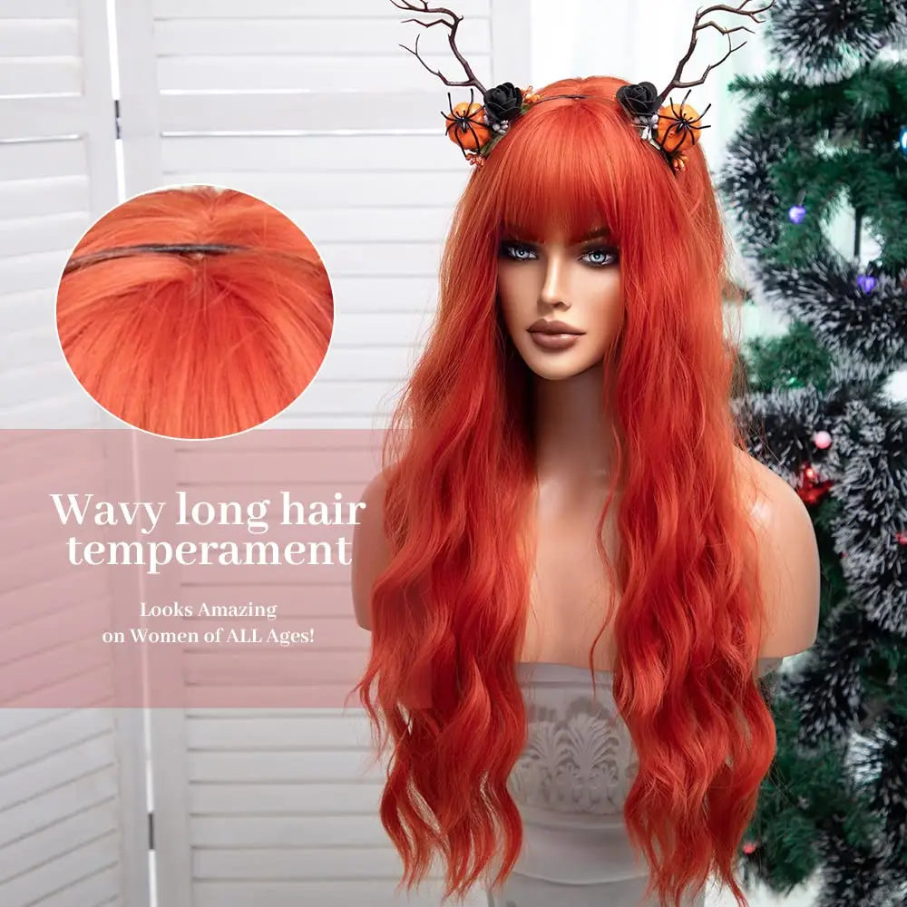Long Red Orange Wig with Bangs 26inch Synthetic Hair Wavy Bang Wigs Heat Resistant Wigs for Women Daily Party Halloween Cosplay