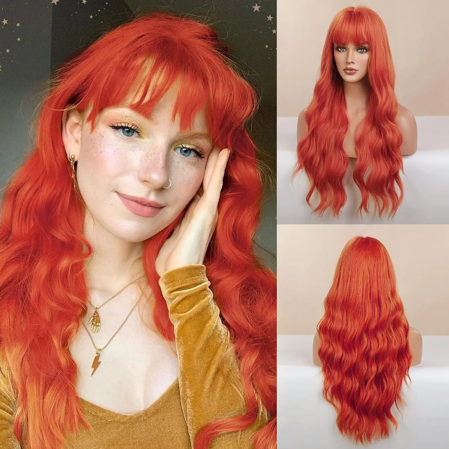Long Red Orange Wig with Bangs 26inch Synthetic Hair Wavy Bang Wigs Heat Resistant Wigs for Women Daily Party Halloween Cosplay