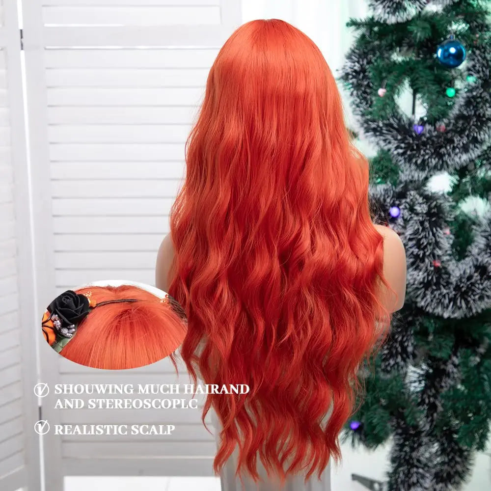 Long Red Orange Wig with Bangs 26inch Synthetic Hair Wavy Bang Wigs Heat Resistant Wigs for Women Daily Party Halloween Cosplay