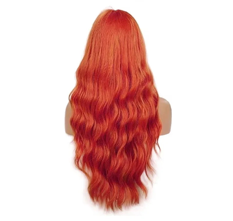 Long Red Orange Wig with Bangs 26inch Synthetic Hair Wavy Bang Wigs Heat Resistant Wigs for Women Daily Party Halloween Cosplay