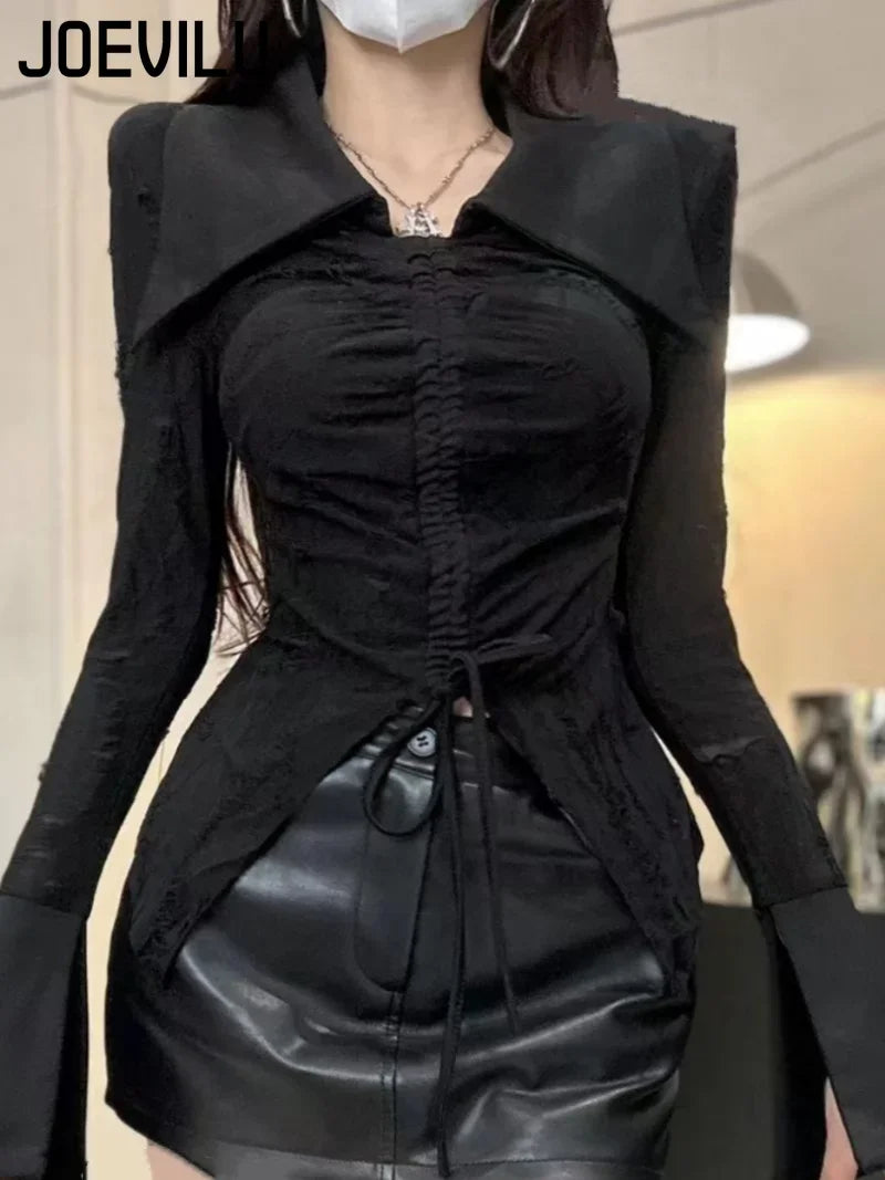 Goth Dark Style Polo Neck T-shirt Split Drawstring Long Sleeved
