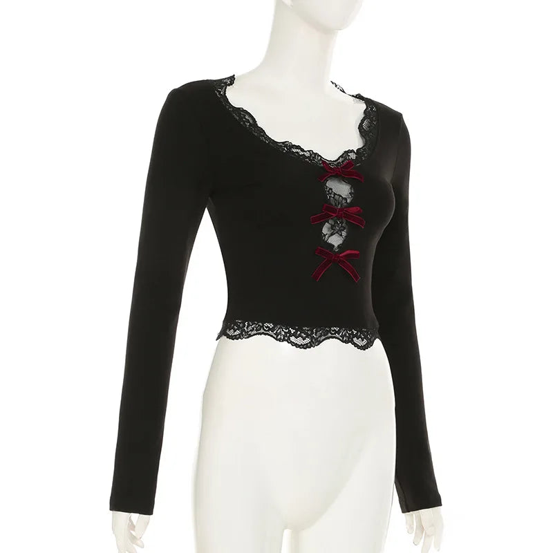 AltGoth Hollow Out Bow Patchwork Crop Tee Top
