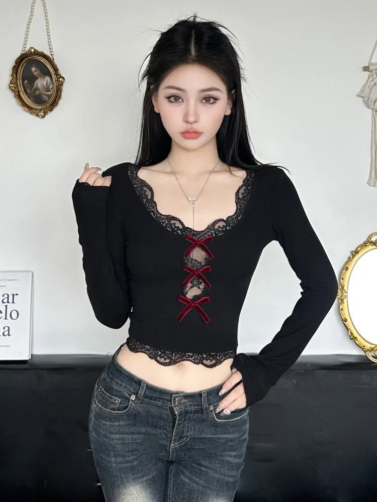 AltGoth Hollow Out Bow Patchwork Crop Tee Top