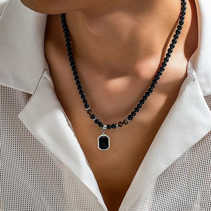 Black Beads with Square Pendant Necklace for Men Trendy Accessories on the Neck Collar 2025 Fashion Jewelry Male Gift Decoration