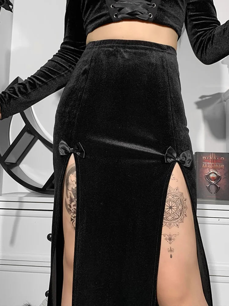 Goth Vintage Black Velvet Split Skirt