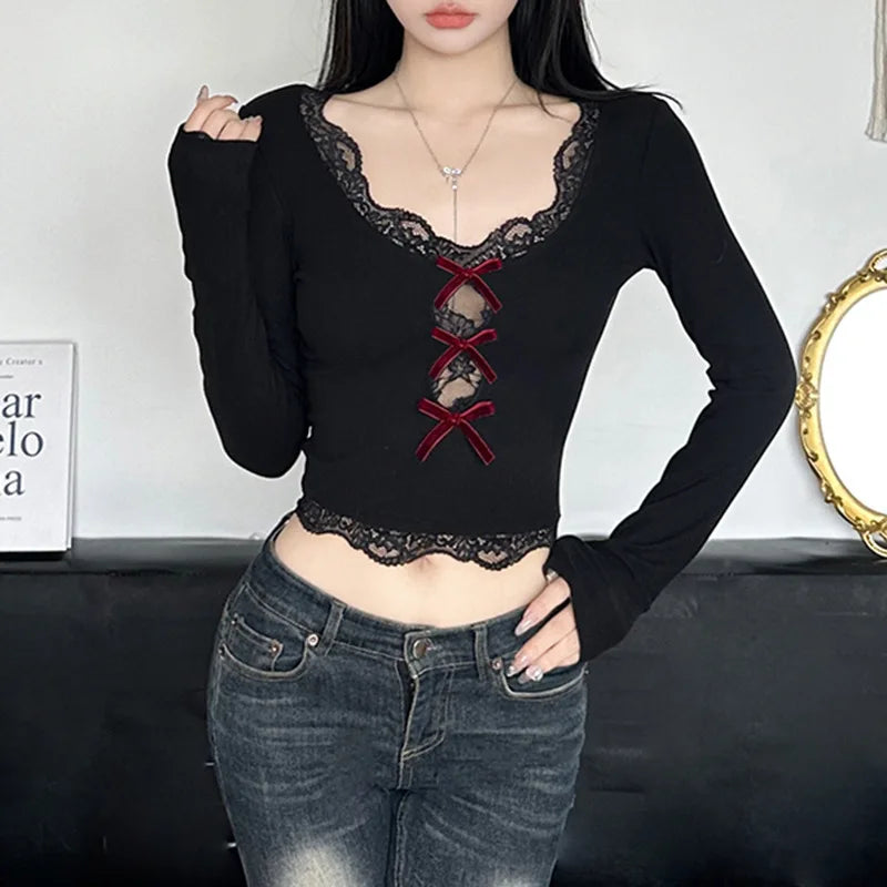 AltGoth Hollow Out Bow Patchwork Crop Tee Top