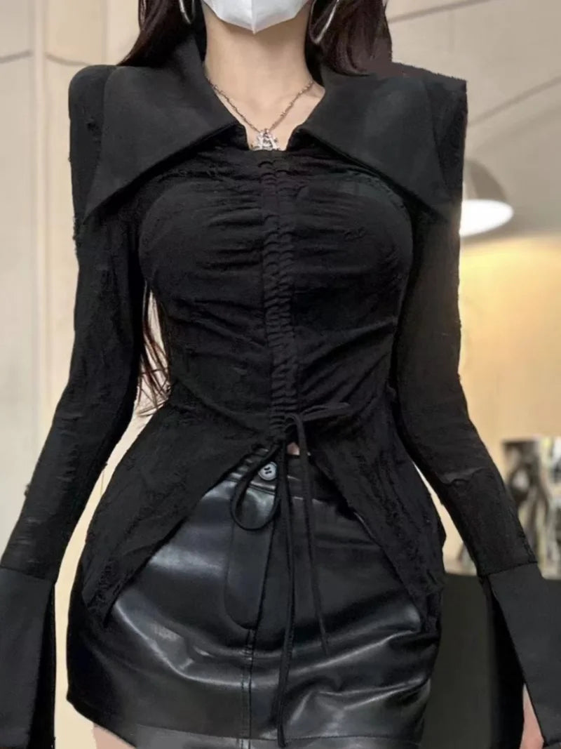 Goth Dark Style Polo Neck T-shirt Split Drawstring Long Sleeved
