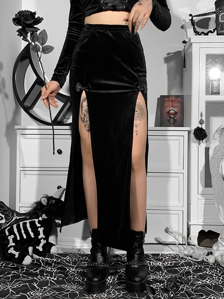 Goth Vintage Black Velvet Split Skirt